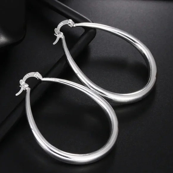 925 Oval Hoop Silver Earrings NEW - Picture 1 of 3